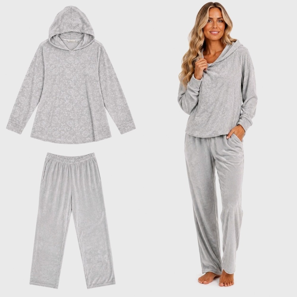 Soft Surroundings Velour Lounge Set Hoodie L Pants M Gray Floral Loungewear 2pc